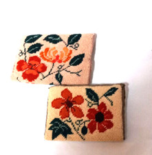 Vintage Handmade Needlepoint Coin Purse  Tissue Holder Set Floral Embroidery