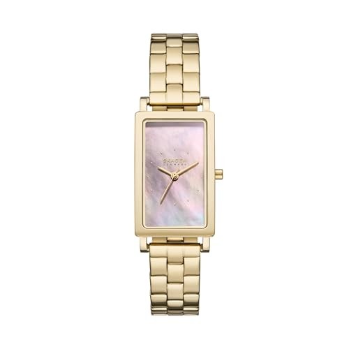 Skagen Hagen Orologio Da Donna 22mm - Cassa Rettangolare, Quadrante Bianco, Cinturino In Pelle Marrone E Oro