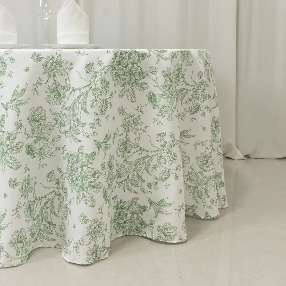 120 Inch White with Dusty Sage French Toile Polyester Round 