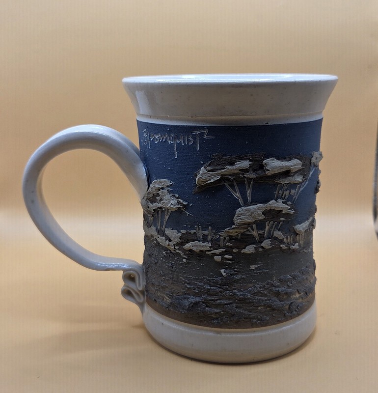 John Bloomquist Signed Pottery Mug Handmade 3D Nature Scene Art 