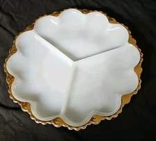 Vintage Fire King Milk Glass Divided Relish Tray, Gold Trim 10" Diameter