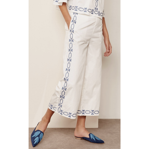 Foxiedox Spellgirl Blue Embroidered 100% Cotton White Wide Leg Pants Size M
