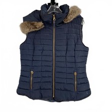 Joules Blue Puffer Vest Women s Size 12 Regular Fur Trim