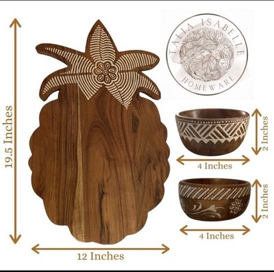 Tala Isabelle Acacia Wood Pineapple Serving Board w/2 Dip Bowls Hand Carved 19 