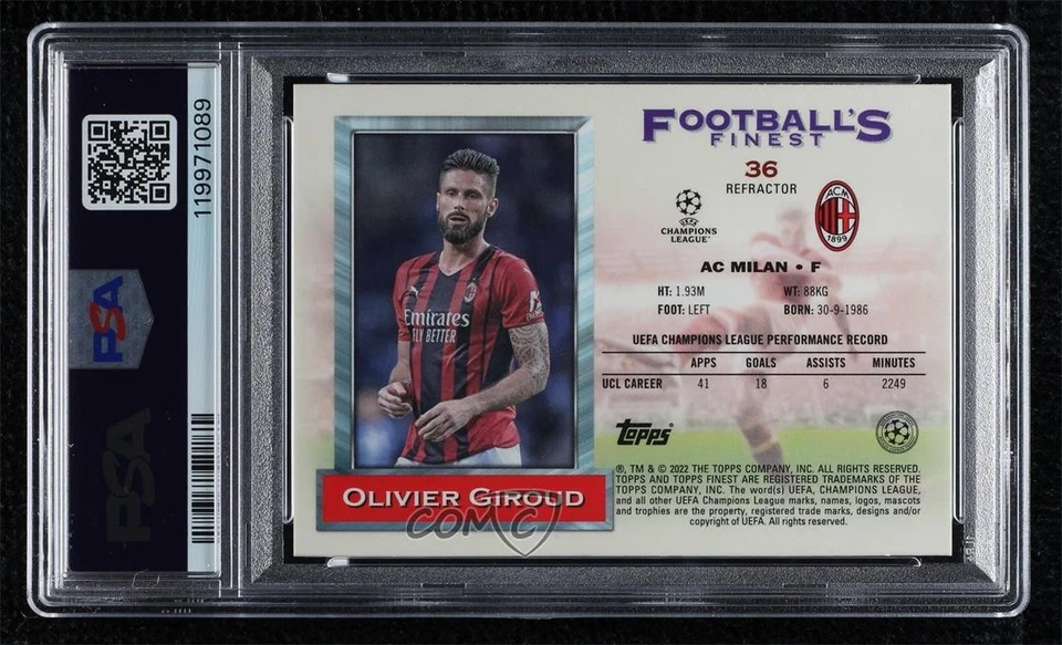 2021-22 Topps Finest Flashbacks UCL Refractor Olivier Giroud #36 PSA 9 MINT - Image 2 of 2