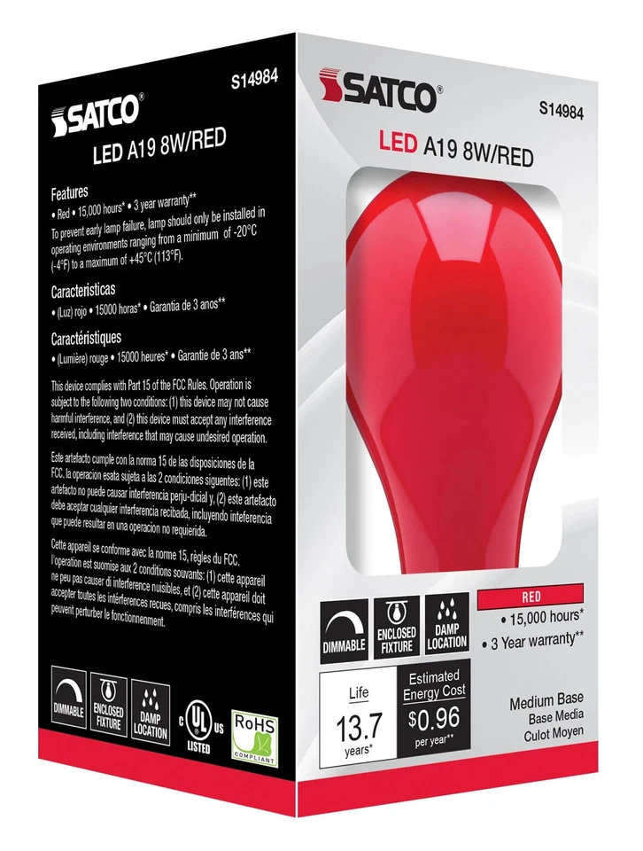 Satco S14984 - 8 Watt LED A19  Holiday Red Light Bulbs (2 or 6 Pack) - Image 4 of 4