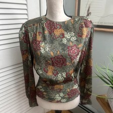 Vintage Nicola Womens 8 Green Floral Satin Retro 80s Dainty Fitted Blouse