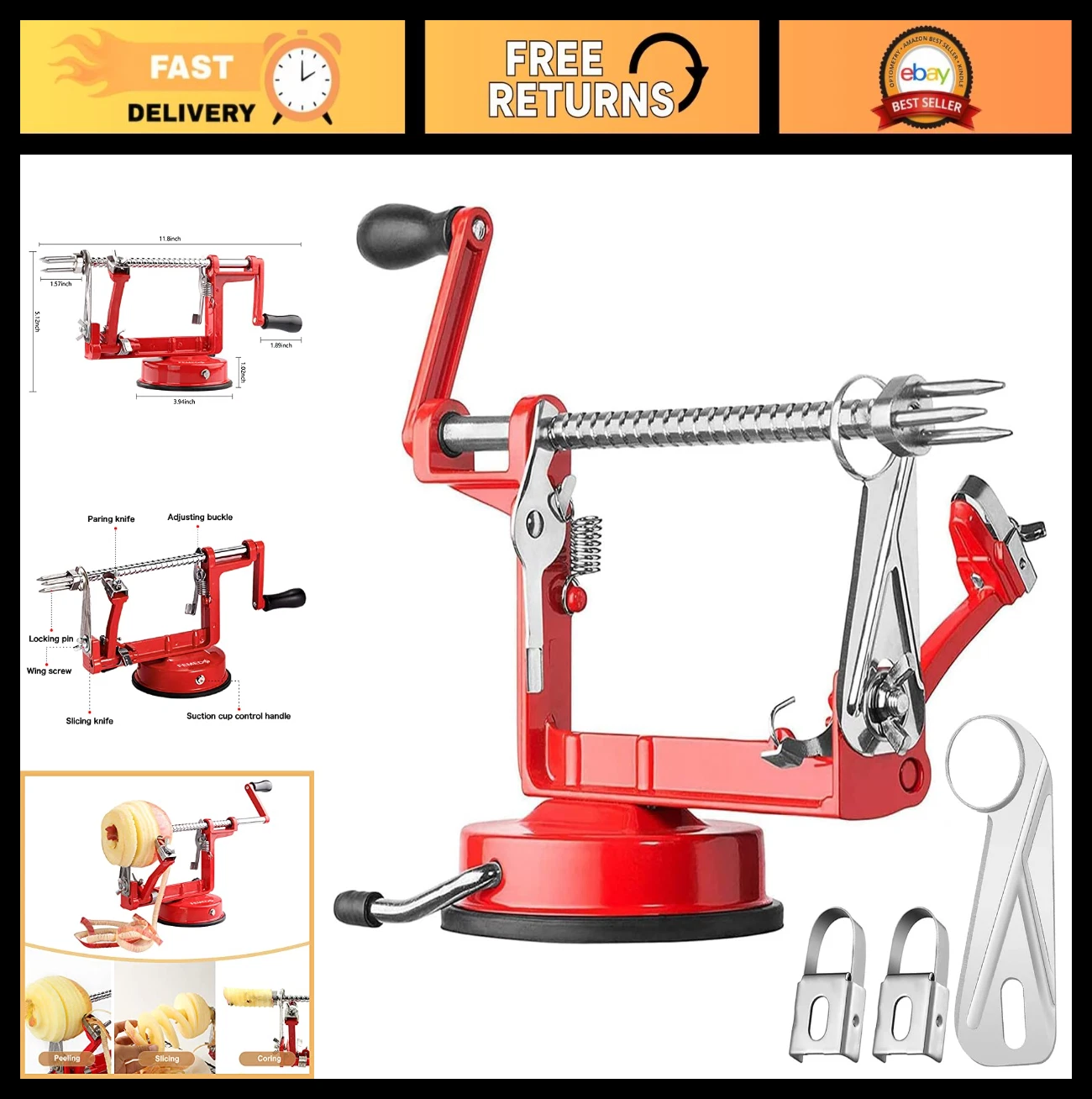 Apple Peeler Slicer Corer with Stainless Steel Blades and Powerful Suction Base