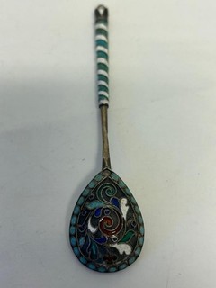 Antique Russian silver 84 cloisonne enamel spoon with rare handle