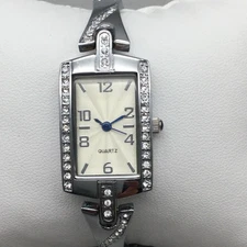 Silver Tone Rhinestone Dress Watch Women 19mm Rectangular Dial New Battery 7.25"