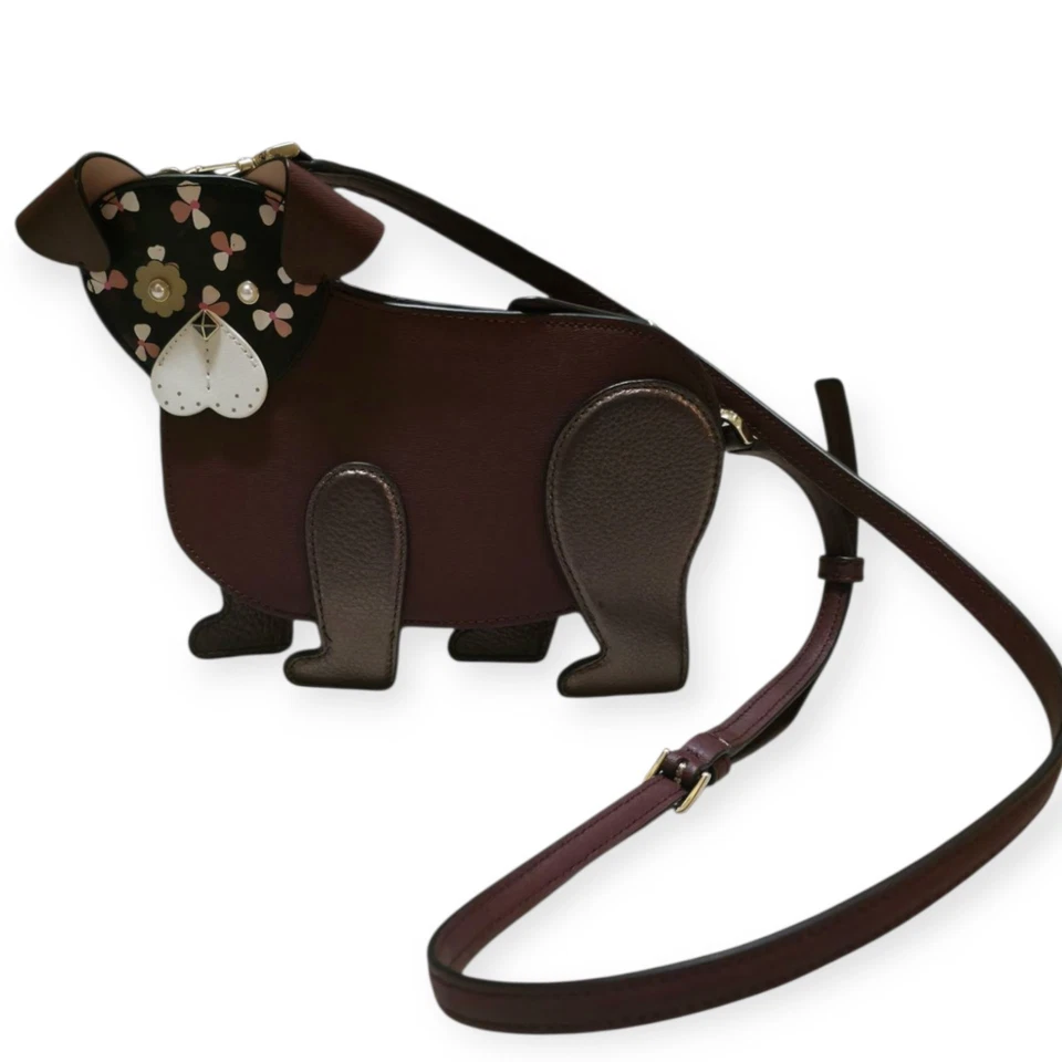 Kate Spade Floral Pup/Dog 棕色皮革斜挎包带装饰。 — 第 3/4 张图片