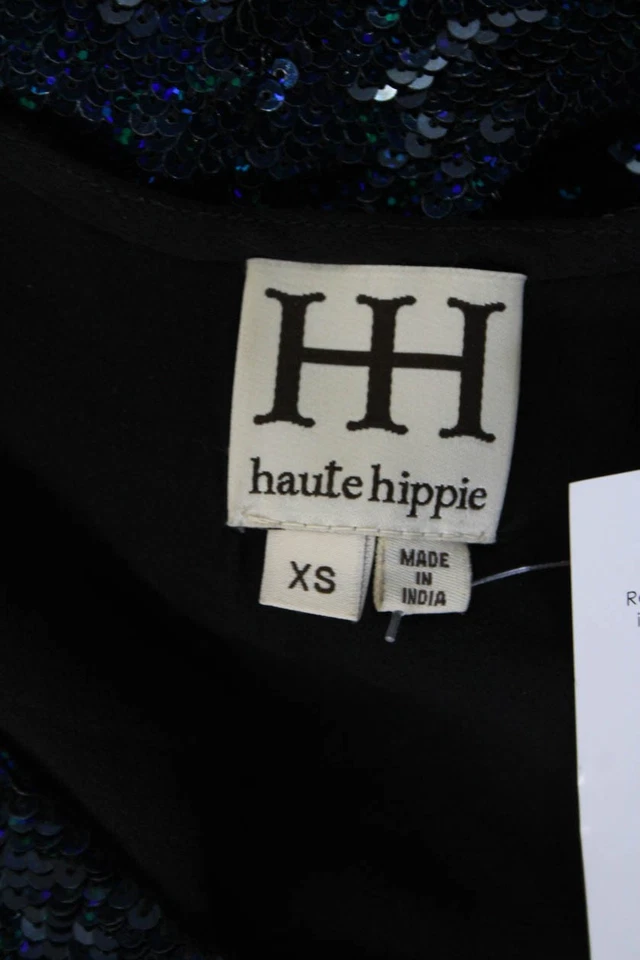 Vestido de cóctel Haute Hippie para mujer azul seda negro lentejuelas manga 3/4 talla XS Foto 4 de 4