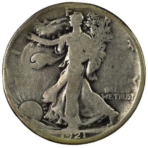1921-D Denver Walking Liberty Silver Half Dollar 50C Good G/VG Details Rim Ding