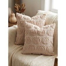 Set 2 Fall Pumpkin Throw Pillow Covers 18x18 Light Beige Faux Fur Tufted