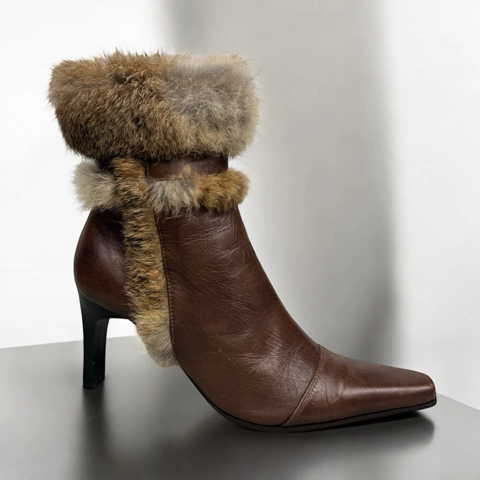 Botines de cuero marrón con ribete de piel real vintage glam diseñador Y2K chic talla 7 Foto 2 de 4