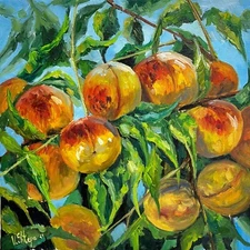 Peach on a branch Fruits Original Oil Painting Impressionism Art Kitchen Signed