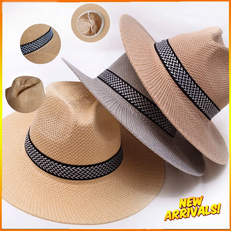 Mens Travel Straw Panama Styles Sun Hats Summer Beach Breathable Floppy Hat  New