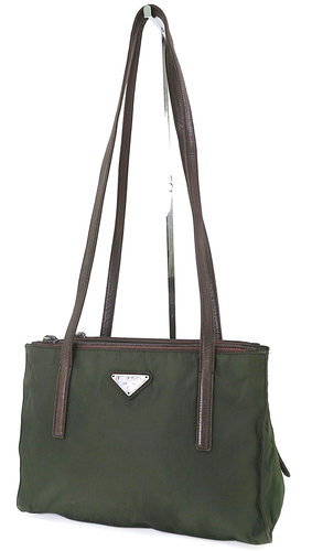 Authentic PRADA Green Nylon and Brown Leather Tote Shoulder Bag Purse #51136A