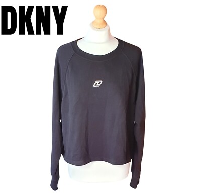 DKNY Damen Crop Top Gr. L Baggy Loose Fit Oversized Schwarz Sweatshirt {Top}