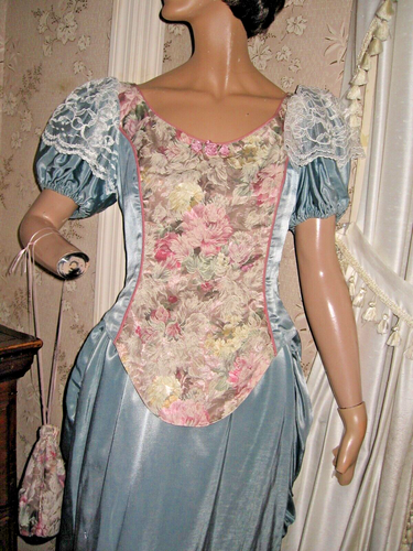 HANDMADE VICTORIAN LADY MEET ME IN ST.LOUIS BLUE/FLORAL BROCADE GOWN-PURSE-HAT - Picture 5 of 19