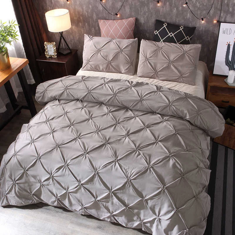 3 Piece Bedding Set Pinch Pleated Quilt Duvet Cover Pillowcase Double Sided Grey - Image 2 of 4
