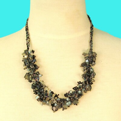 20'' Blue Silver Black Stone Shell Chip Handmade Seed Bead Bali Necklace 