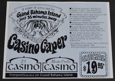1972 Print Ad Florida Grand Bahama Island Casino Caper El Monte Carlo Art