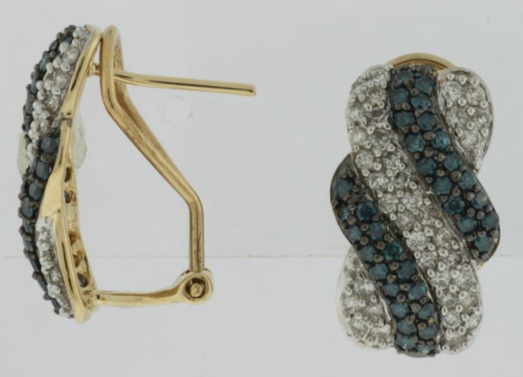 FILA 1.52CT WHITE & BLUE DIAMOND 14K YELLOW G MULTI ROW X CLIP ON HANGING EARRINGS