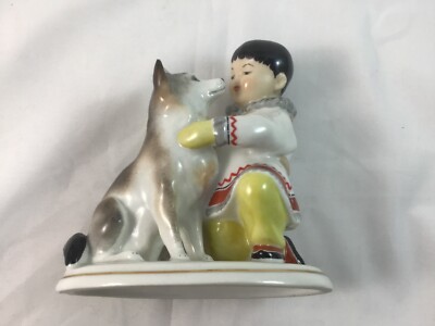Vintage Lomonosov LFZ Porcelain Yakut Boy with Husky Dog Figure