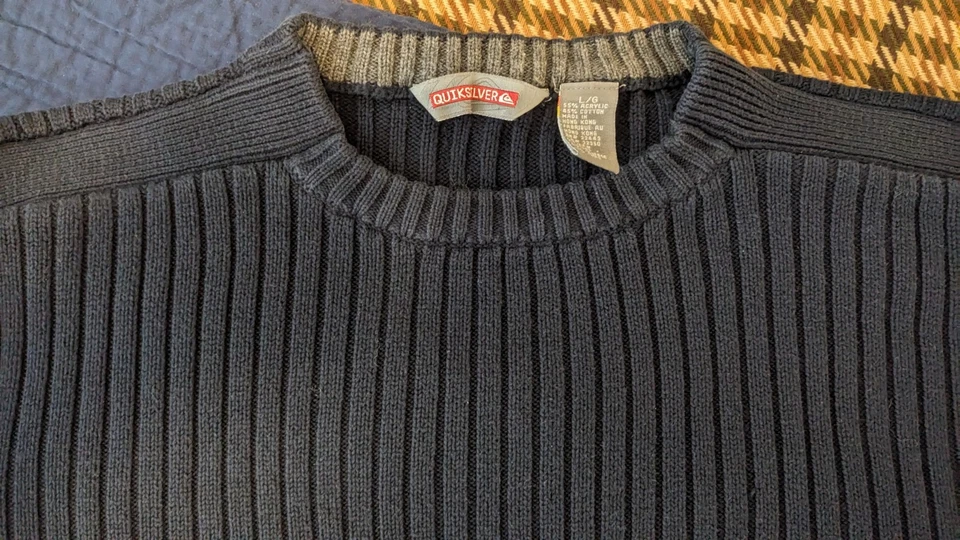 Винтажный Quicksilver синий кабель вязаный свитер мужской L с серыми повязками почти новый - Изображение 2 из 4