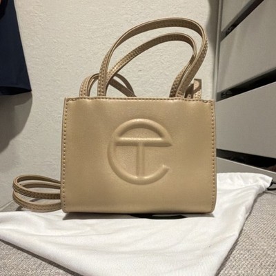 Telfar Mini Beige Faux Leather Shoulder Bag Logo Accents with Dust Bag