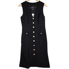 J Crew Italian Stretch Wool Black Sleeveless Button Front Sheath Dress Size 8