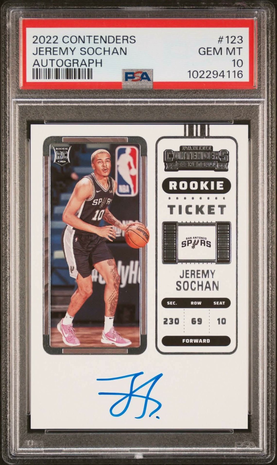 2022-23 Panini Contenders Jeremy Sochan Rookie Ticket Auto PSA 10