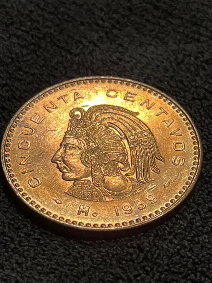 1959 Mexico Large 50 Centavos Ref BU Uncirculated Cuauhtemoc Warrior Chalet - Image 2 of 4