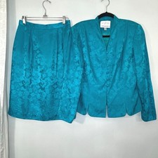 VTG 80s ADRIANNA PAPELL Women Skirt/Jackets Set Floral Long Sleeve Silk 12P Blue