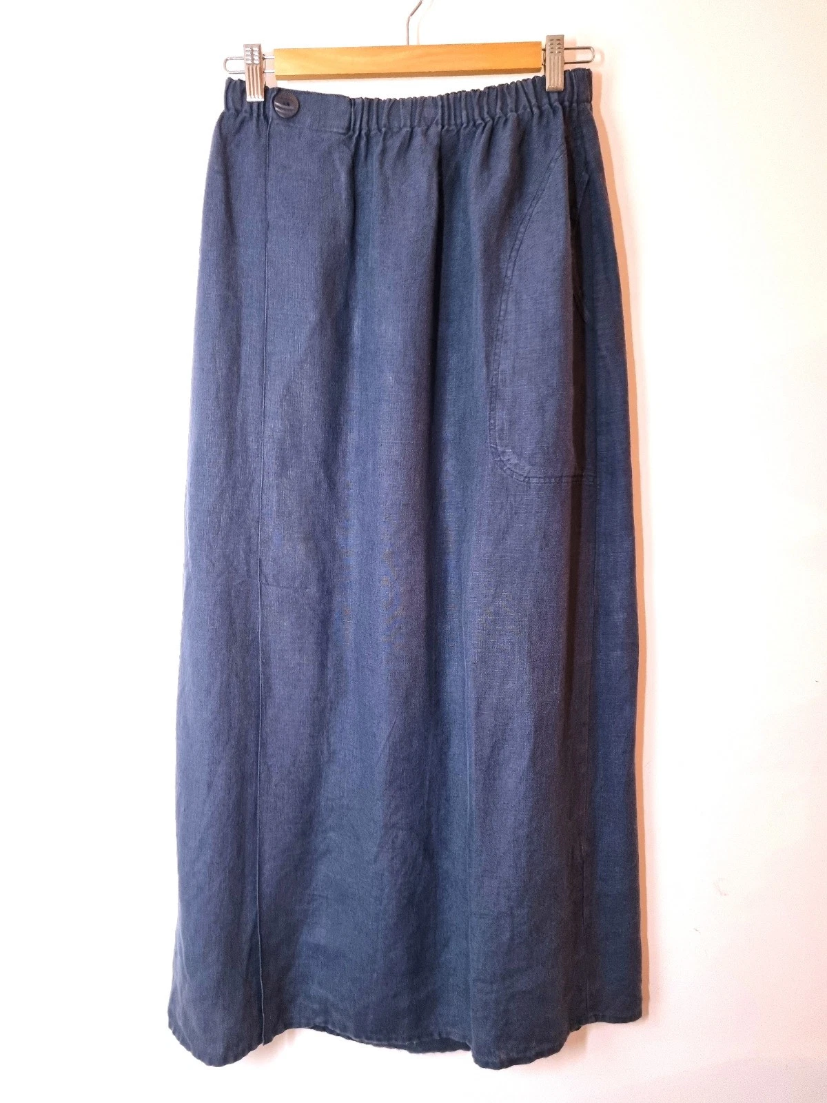 Flax by Jeanne Engelhart Linen Skirt Size M Navy Blue Midi Elastic Waist Pockets