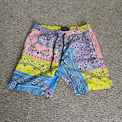 REASON Men's Multicolor Paisley Bandana Swim Shorts Drawstring  Size Medium