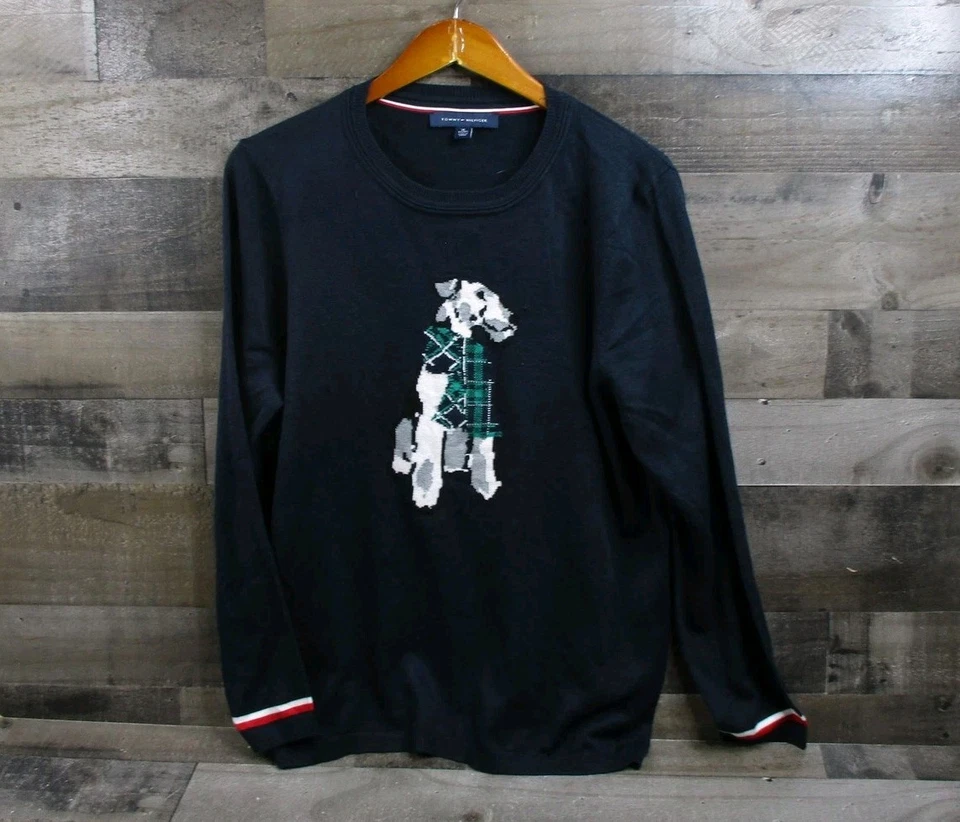 Tommy Hilfiger Suéter Para Hombres XL Perro Gráfico Cuello Redondo Bufanda a Cuadros Intarsia Azul Marino Foto 2 de 4