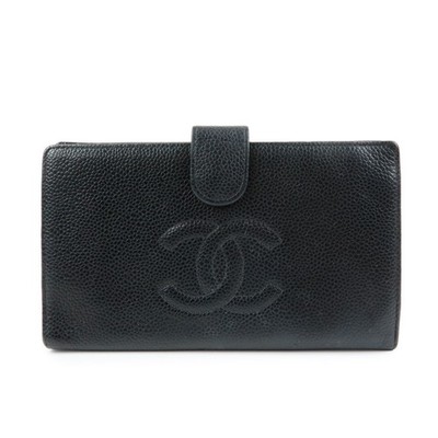 CHANEL COCO Mark Caviarskin Bi-Fold Long Wallet Black A13498 Authentic Used F/S