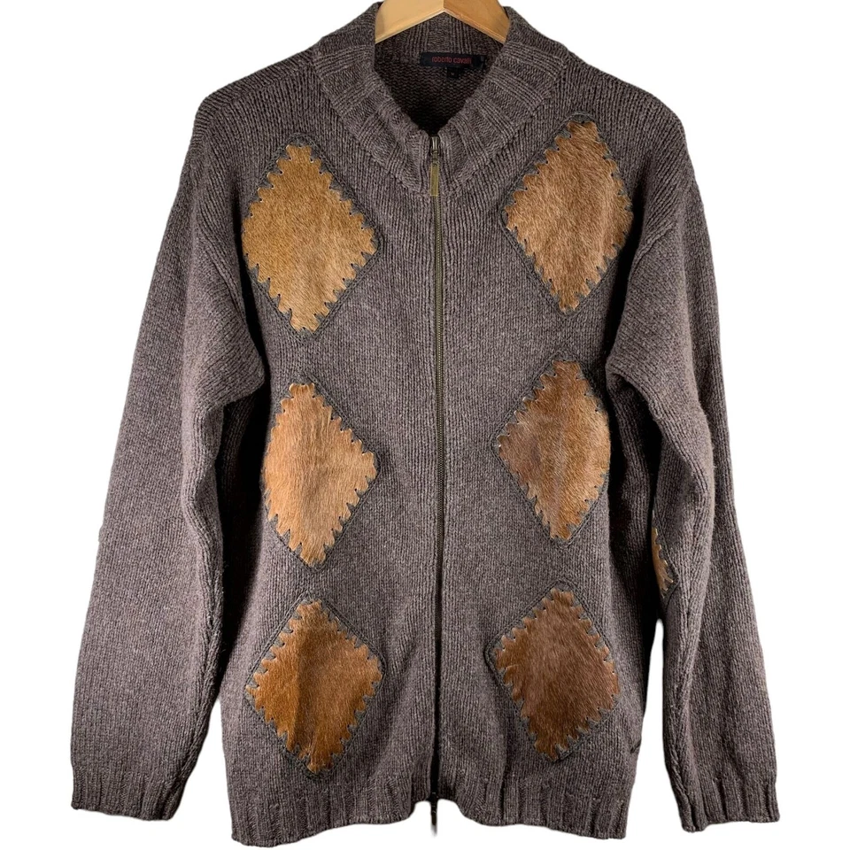 ROBERTO CAVALLI Marrón Camel Pelo/Lana Piel Argyle Cremallera Cárdigan Suéter Para Hombre M Foto 2 de 4