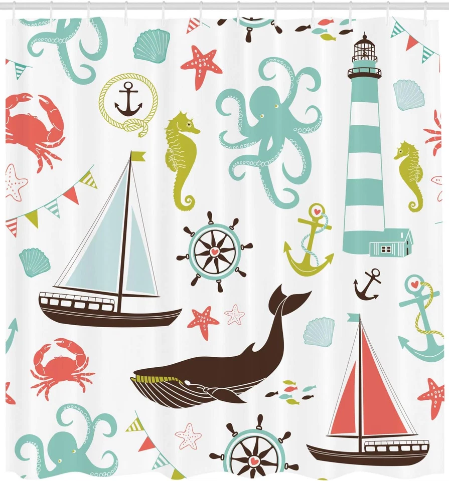 Cortina de Ducha Náutica Ambesonne, Color Pastel Composición de Vela Faro Foto 2 de 4