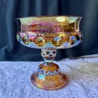 Vtg Indiana Kings Crown Thumbprint Pedestal Compote Candy Dish Iridescent Amber