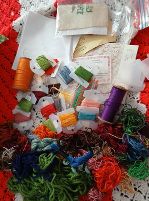 GRAB BAG Emboidery Threads-Tools-Kits-Leftovers-Papers-Canvas-Lost 'n Founds