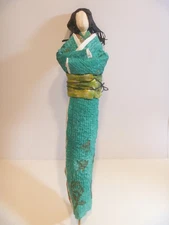 Japanese Washi Paper Doll with Teal Green Kimono - No Base - Handmade of Paper