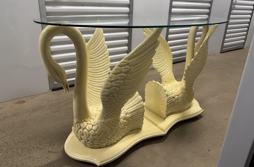Vintage Hollywood Regency Carved Wood Double Swan Console With Beveled Glass Top