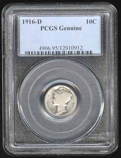 US Coin 1916 D Key Date Mercury Silver Dime PCGS Genuine NO RESERVE!