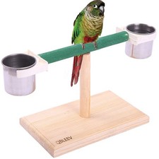 QBLEEV Bird Play Stands with Feeder Cups Dishes, Tabletop T Parrot Perch, Wood B