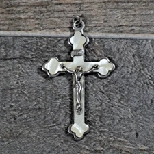 VTG Metal Pectoral Cross Crucifix Mother of Pearl Inlay Pendant Silver Tone