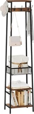 Coat Rack Freestanding, Coat Stand with Metal Basket and Storage Shelves, Hall T