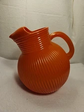 Vintage  Hazel Atlas Ribbed Fired On Orange Tilt Ball Pitcher Ice Lip Spout 8.0